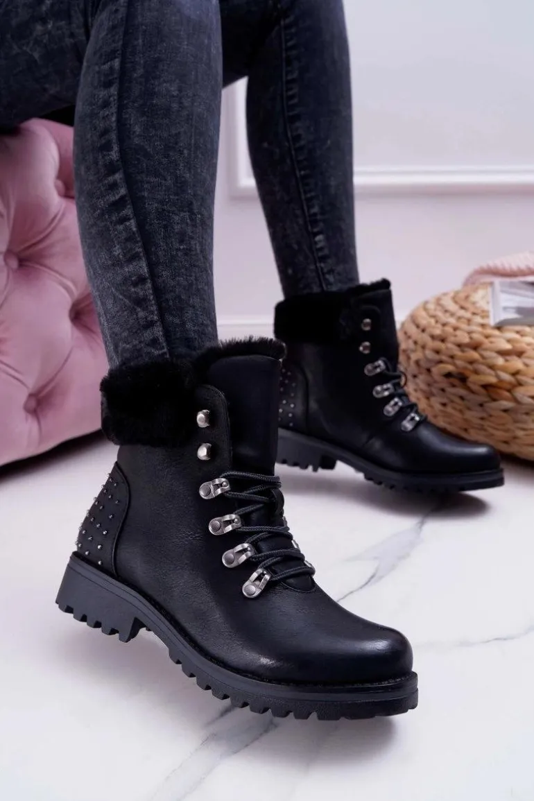 Damskie Botki Trapery Futerko Czarne Ergost