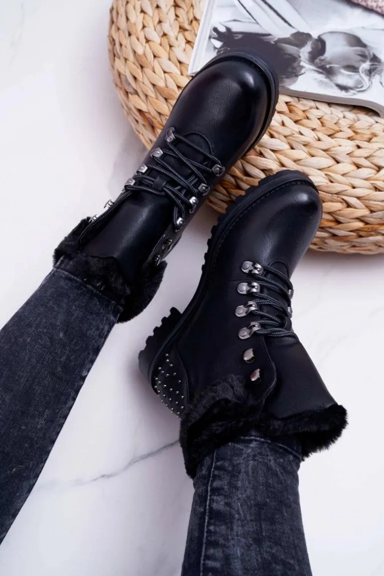 Damskie Botki Trapery Futerko Czarne Ergost