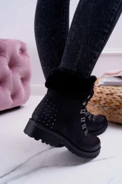 Damskie Botki Trapery Futerko Czarne Ergost