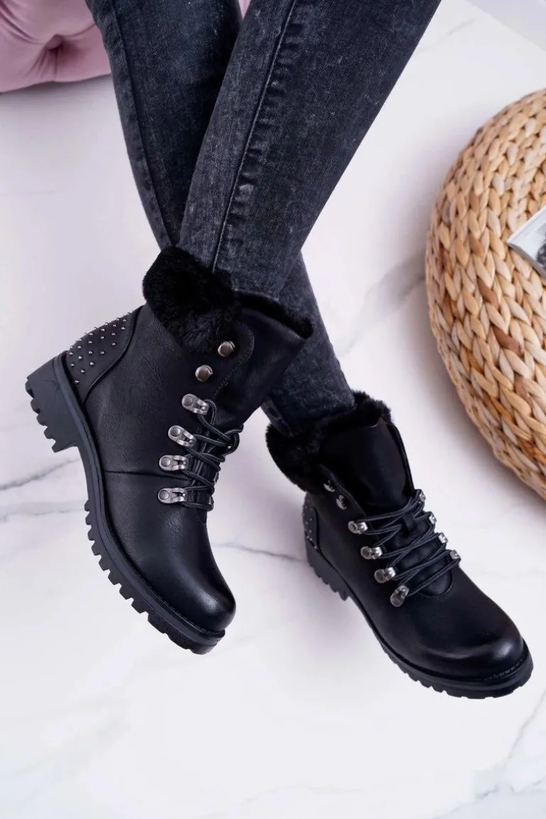 Damskie Botki Trapery Futerko Czarne Ergost