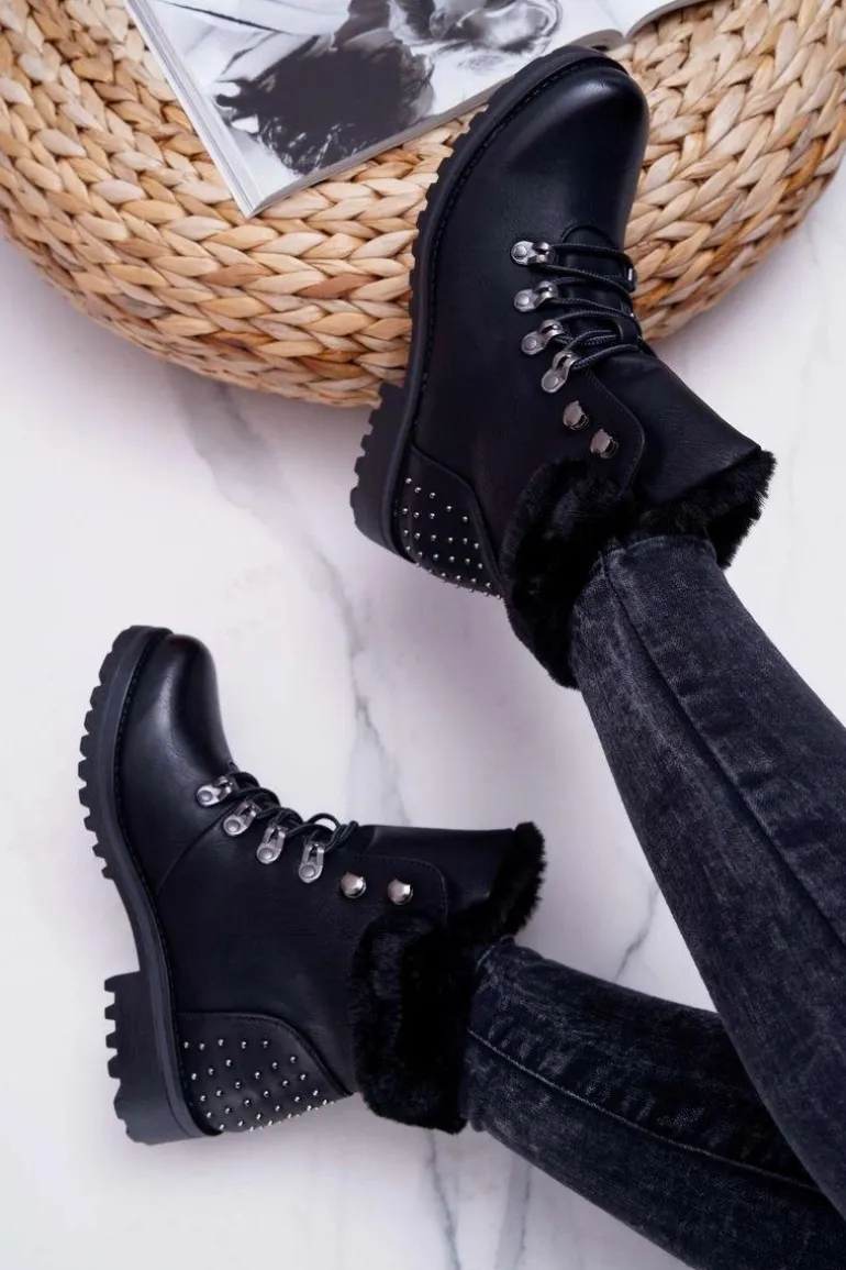 Damskie Botki Trapery Futerko Czarne Ergost