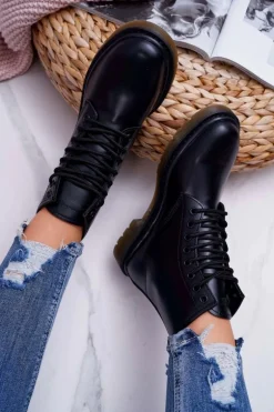 Damskie Botki Trapery Glany Big Star Skórzane Czarne EE274001