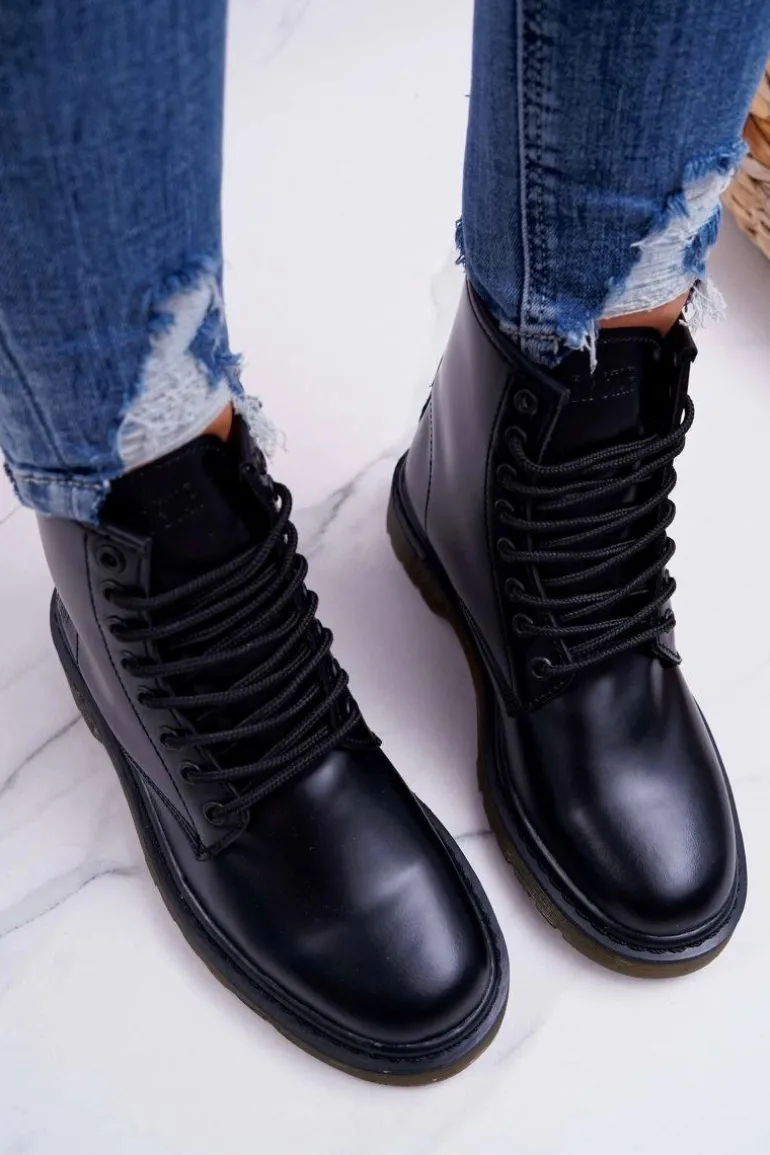 Damskie Botki Trapery Glany Big Star Skórzane Czarne EE274001