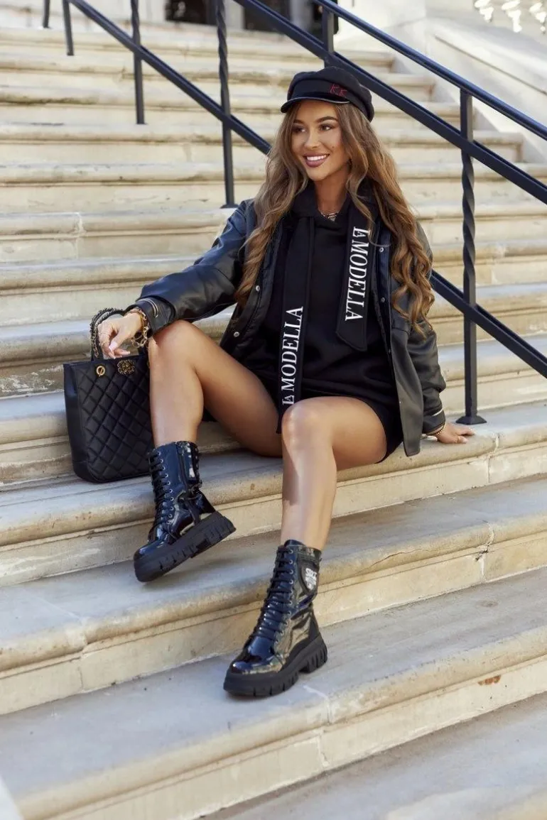 Damskie Botki Trapery Glany Lakierowane Czarne Coriera