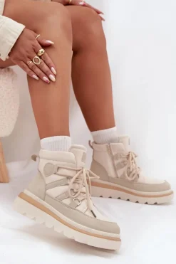 Damskie Botki Trapery Na Platformie Jasnobeżowe Liorae