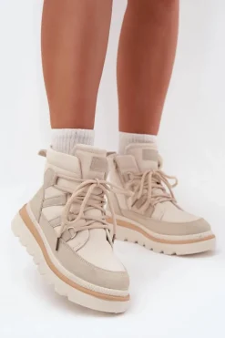 Damskie Botki Trapery Na Platformie Jasnobeżowe Liorae