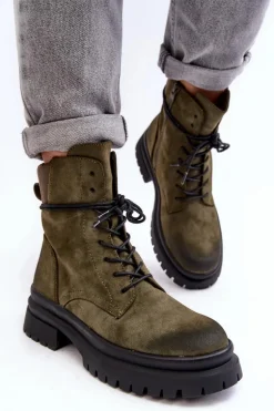 Damskie Botki Trapery Na Grubej Podeszwie Ciemnozielone Narelona