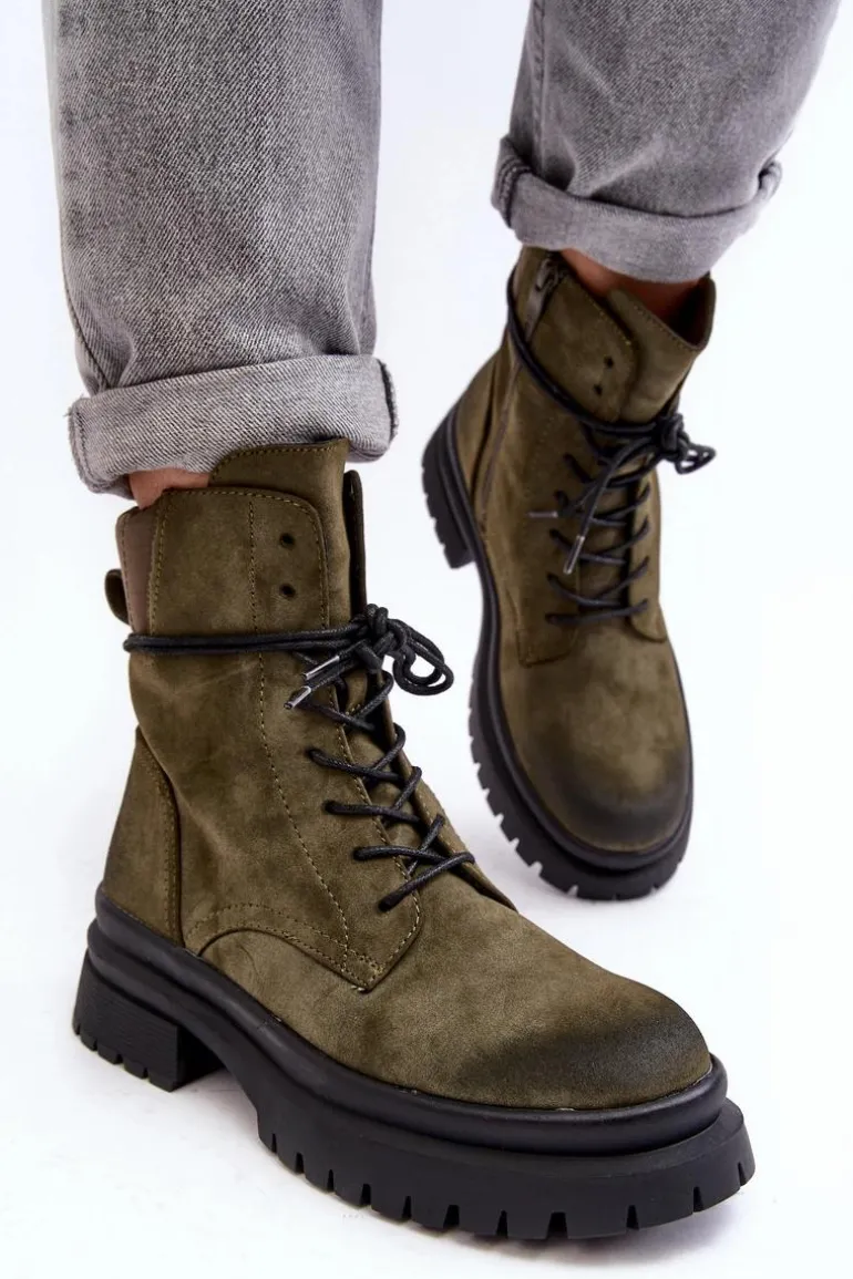 Damskie Botki Trapery Na Grubej Podeszwie Ciemnozielone Narelona