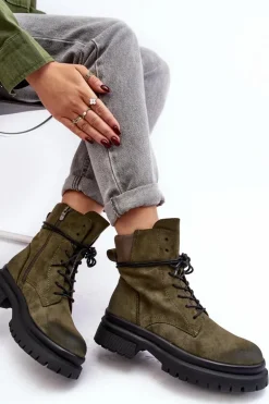 Damskie Botki Trapery Na Grubej Podeszwie Ciemnozielone Narelona