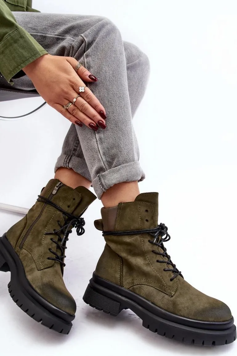 Damskie Botki Trapery Na Grubej Podeszwie Ciemnozielone Narelona