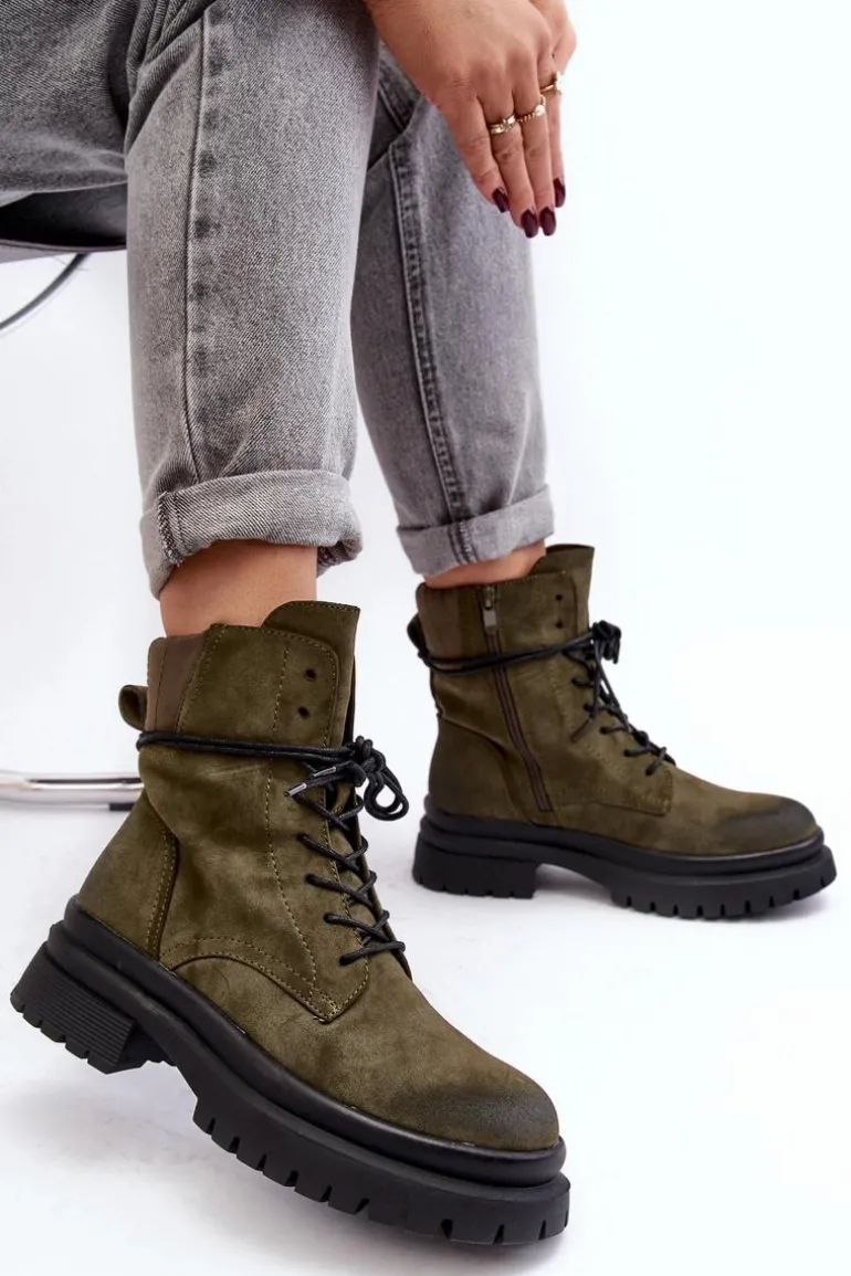 Damskie Botki Trapery Na Grubej Podeszwie Ciemnozielone Narelona