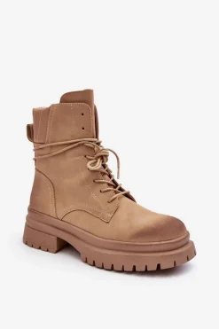 Damskie Botki Trapery Na Grubej Podeszwie Beżowe Narelona