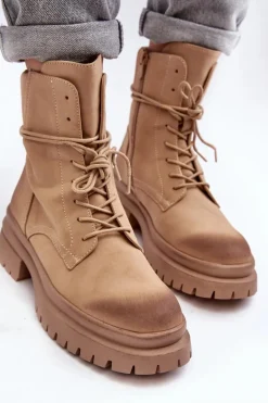 Damskie Botki Trapery Na Grubej Podeszwie Beżowe Narelona