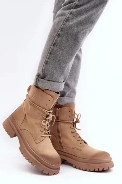 Damskie Botki Trapery Na Grubej Podeszwie Beżowe Narelona