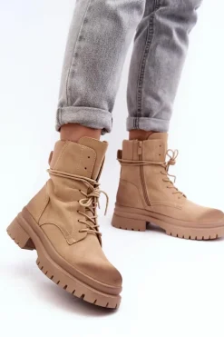 Damskie Botki Trapery Na Grubej Podeszwie Beżowe Narelona