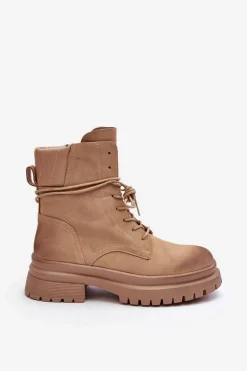 Damskie Botki Trapery Na Grubej Podeszwie Beżowe Narelona