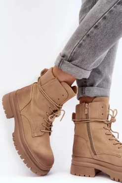 Damskie Botki Trapery Na Grubej Podeszwie Beżowe Narelona