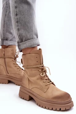 Damskie Botki Trapery Na Grubej Podeszwie Beżowe Narelona