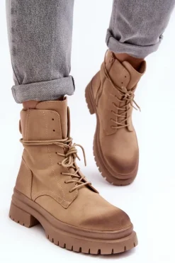 Damskie Botki Trapery Na Grubej Podeszwie Beżowe Narelona