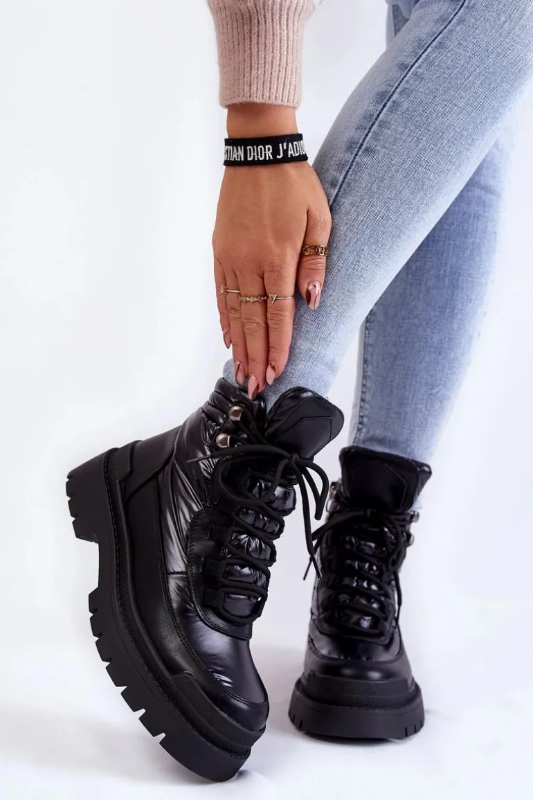 Damskie Botki Trapery Na Platformie Czarne Nerina