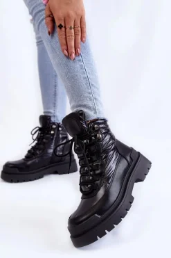 Damskie Botki Trapery Na Platformie Czarne Nerina