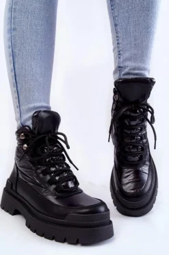 Damskie Botki Trapery Na Platformie Czarne Nerina