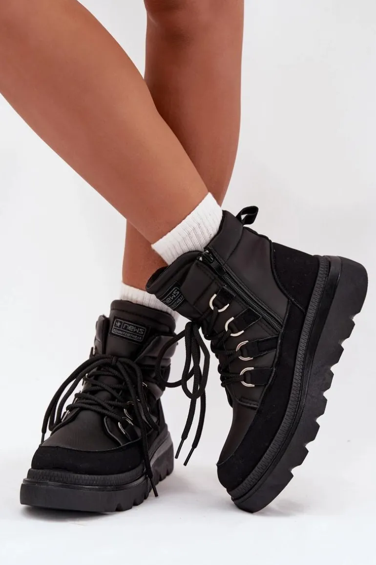 Damskie Botki Trapery Na Platformie Czarne Liorae