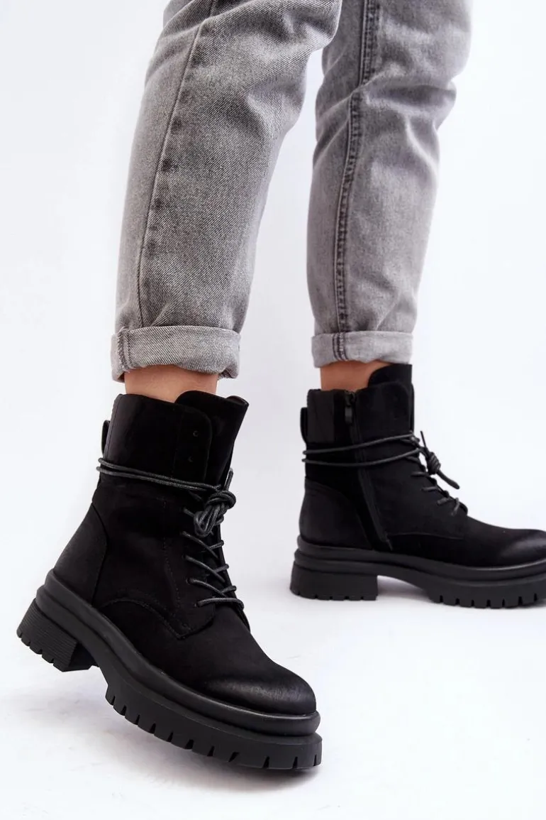 Damskie Botki Trapery Na Grubej Podeszwie Czarne Narelona