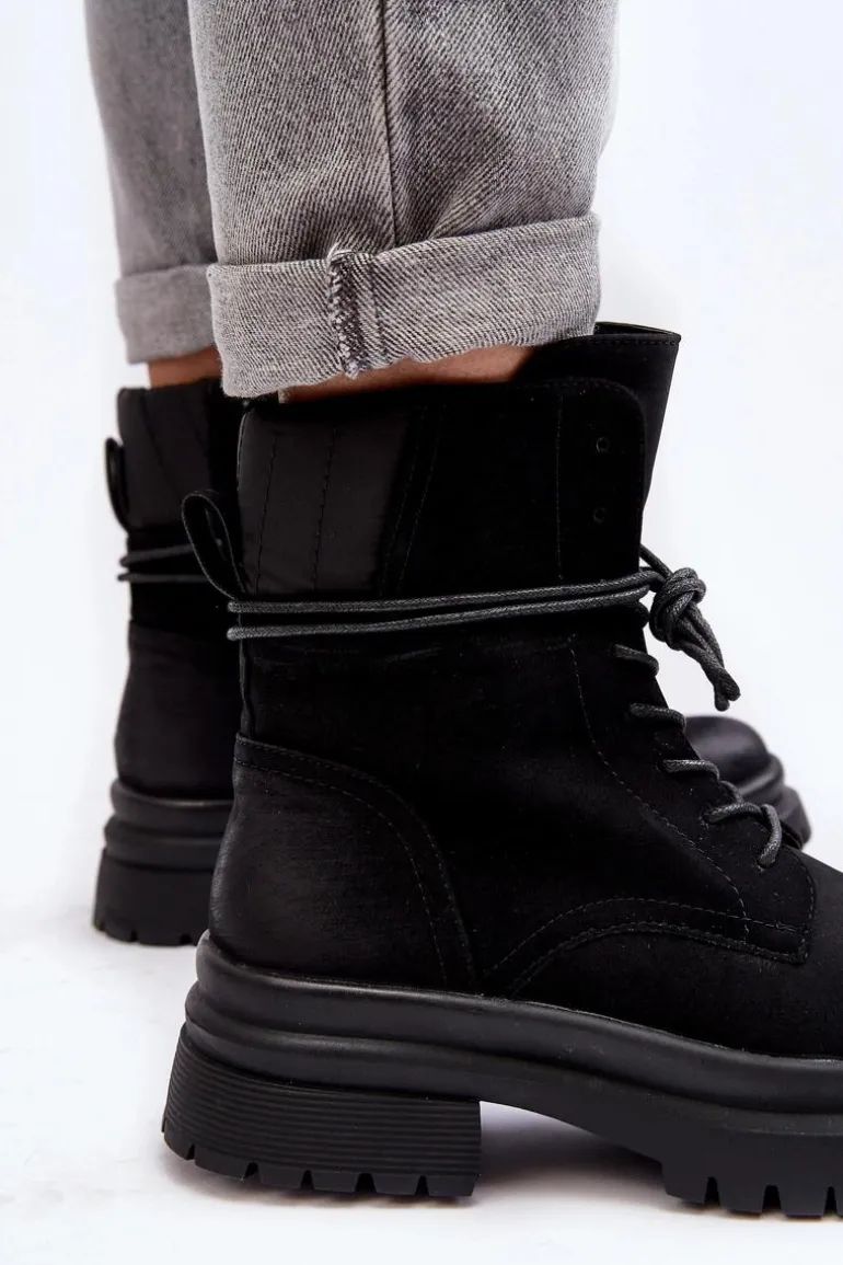 Damskie Botki Trapery Na Grubej Podeszwie Czarne Narelona