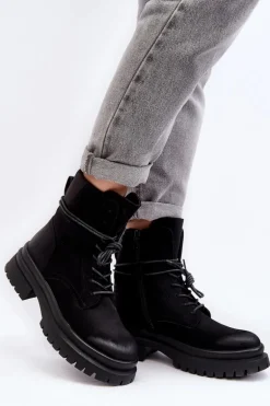 Damskie Botki Trapery Na Grubej Podeszwie Czarne Narelona