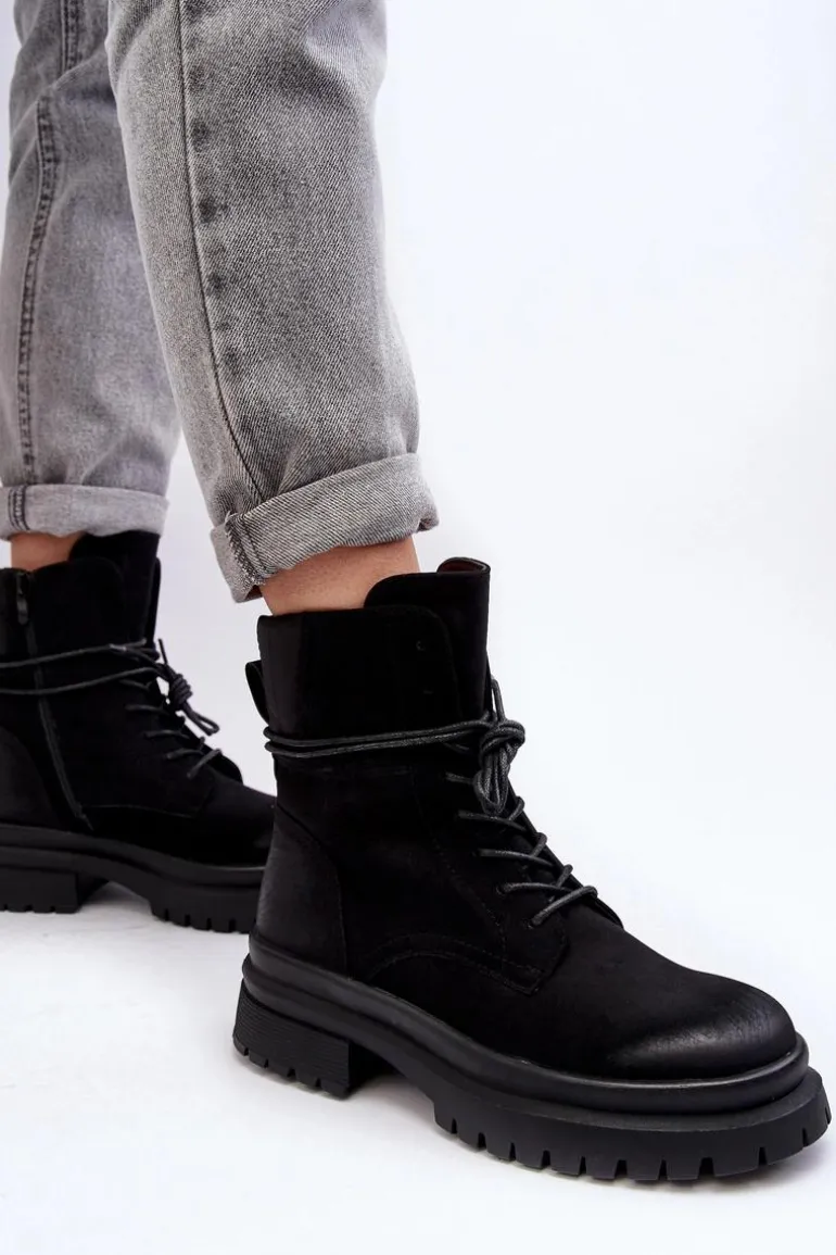 Damskie Botki Trapery Na Grubej Podeszwie Czarne Narelona