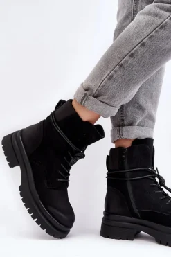 Damskie Botki Trapery Na Grubej Podeszwie Czarne Narelona