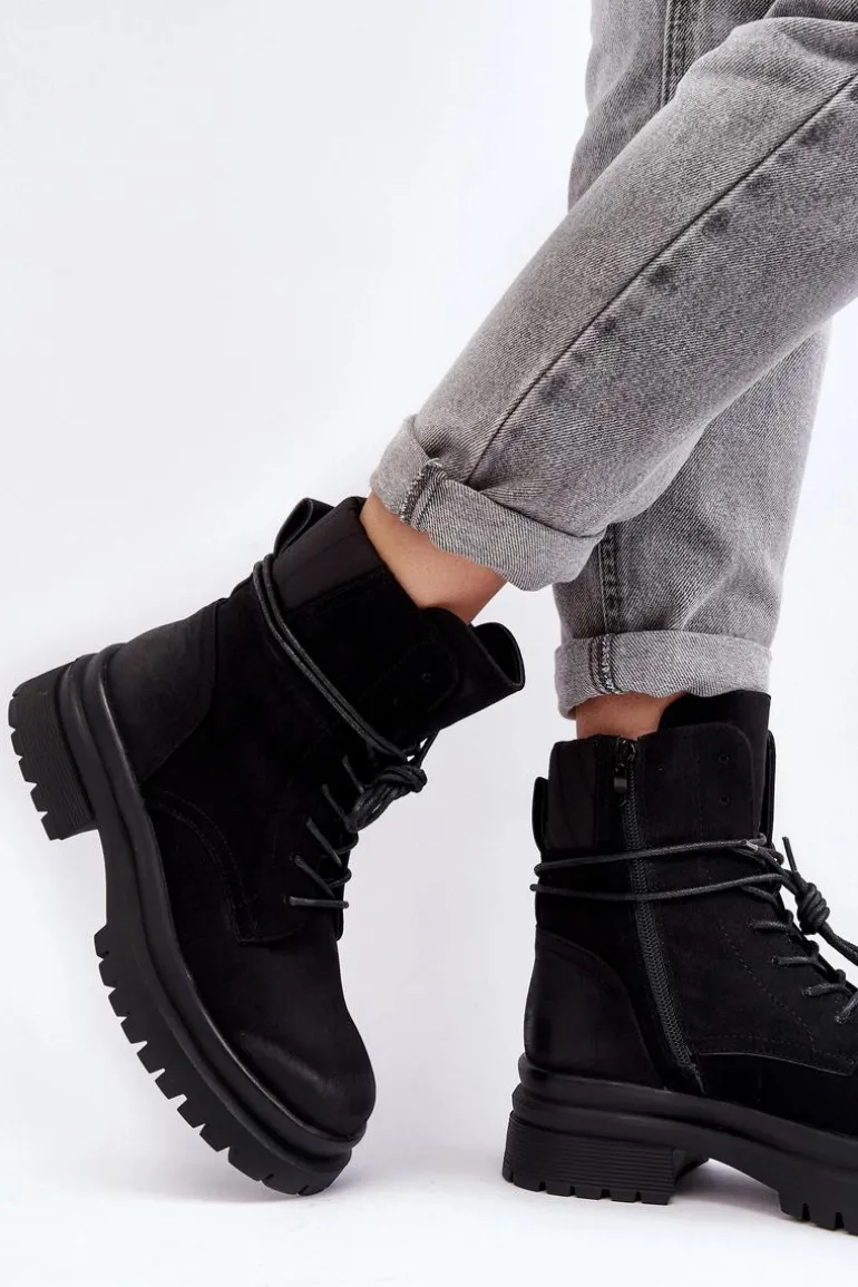 Damskie Botki Trapery Na Grubej Podeszwie Czarne Narelona
