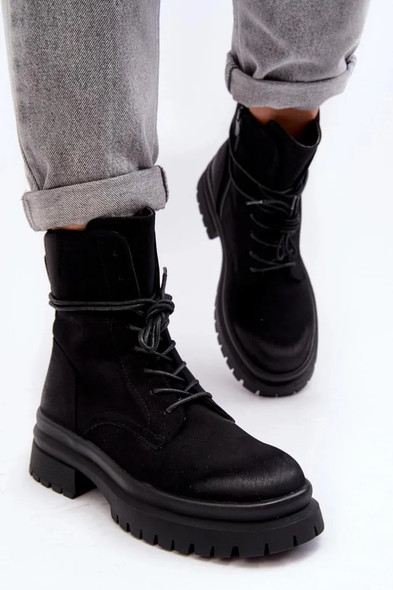 Damskie Botki Trapery Na Grubej Podeszwie Czarne Narelona