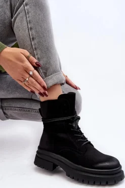Damskie Botki Trapery Na Grubej Podeszwie Czarne Narelona