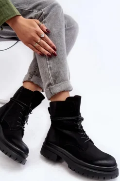 Damskie Botki Trapery Na Grubej Podeszwie Czarne Narelona