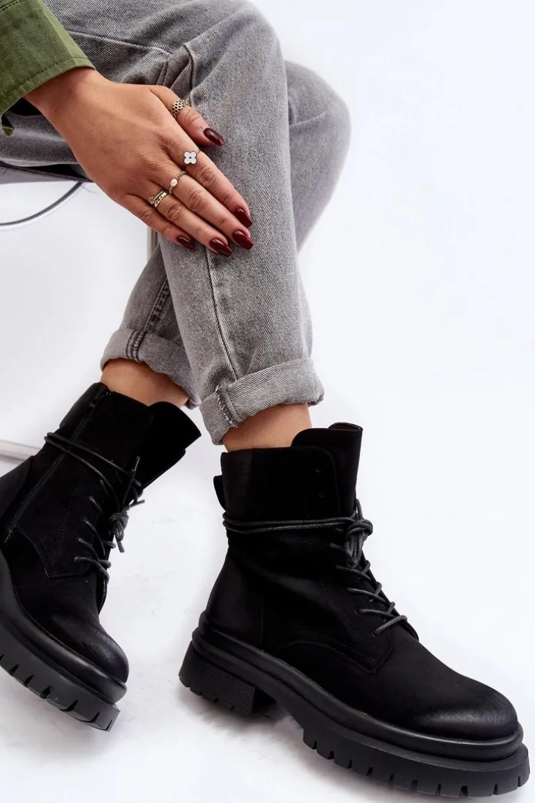 Damskie Botki Trapery Na Grubej Podeszwie Czarne Narelona