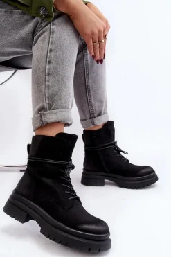 Damskie Botki Trapery Na Grubej Podeszwie Czarne Narelona