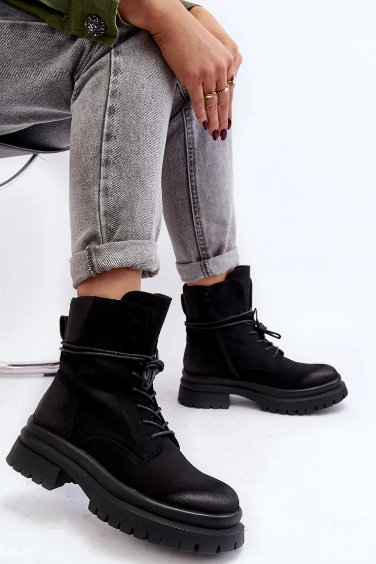 Damskie Botki Trapery Na Grubej Podeszwie Czarne Narelona