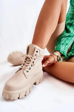 Damskie Botki Trapery Ocieplane Jasnobeżowe Flavin