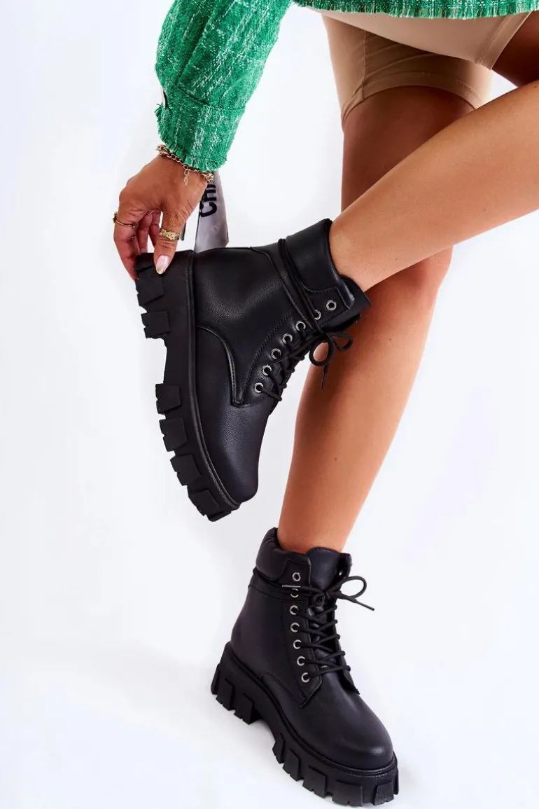 Damskie Botki Trapery Ocieplane Czarne Flavin