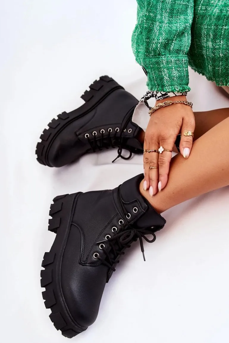 Damskie Botki Trapery Ocieplane Czarne Flavin