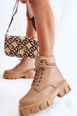 Damskie Botki Trapery Ocieplane Beżowe Flavin