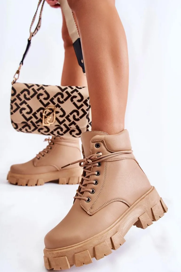 Damskie Botki Trapery Ocieplane Beżowe Flavin