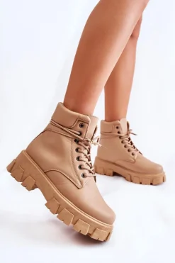 Damskie Botki Trapery Ocieplane Beżowe Flavin