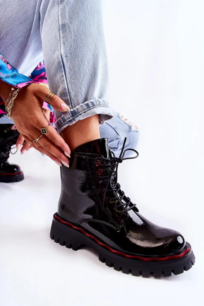 Damskie Botki Trapery Wiązane Czarne Sherill