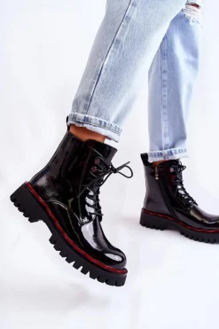 Damskie Botki Trapery Wiązane Czarne Sherill