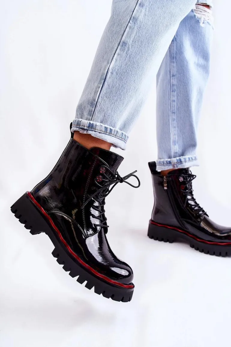 Damskie Botki Trapery Wiązane Czarne Sherill