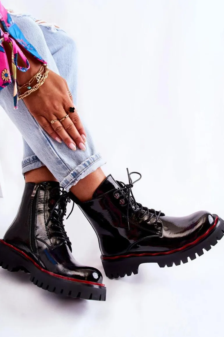 Damskie Botki Trapery Wiązane Czarne Sherill