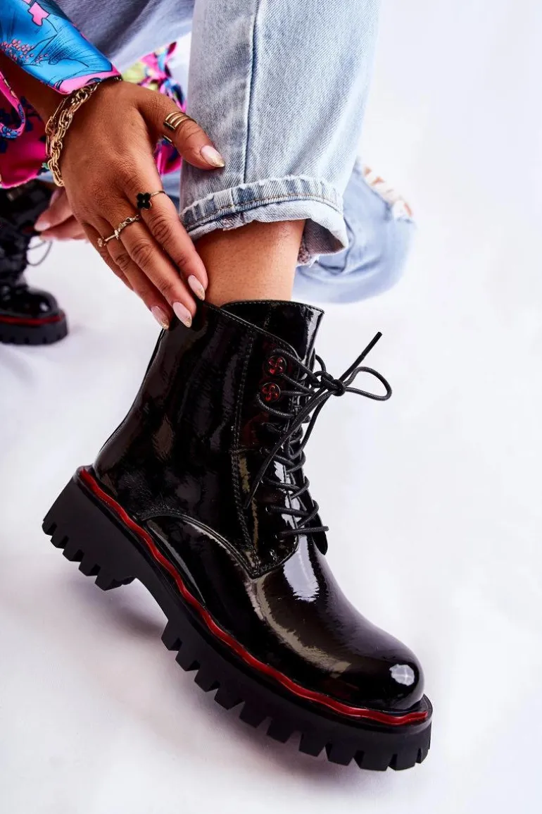 Damskie Botki Trapery Wiązane Czarne Sherill